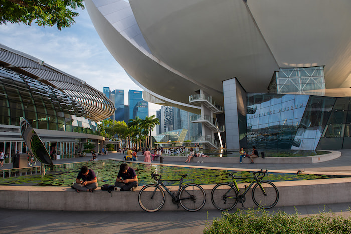 Singapore: ArtScience Museum and city banks backdrop Singapore business district bank