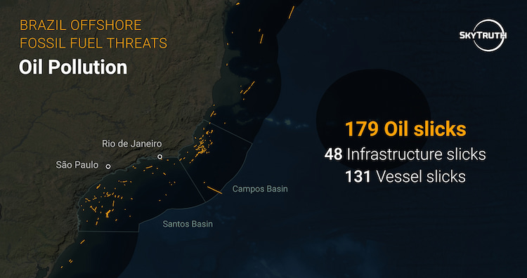 SkyTruth analysis of satellite imagery from 2017 to 2024 identified 179 separate oil slicks. The data shows the vast majority (131) stem from vessel traffic, while 48 are linked directly to oil and gas infrastructure.